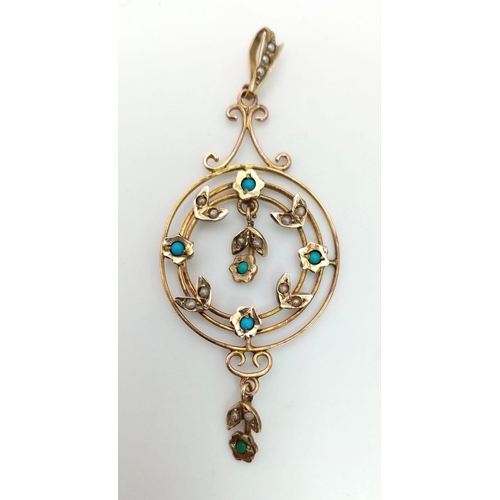 502 - 9K YELLOW GOLD VICTORIAN SEED PEARL & TURQUISE DROP PENDANT. WEIGHS 3.4G