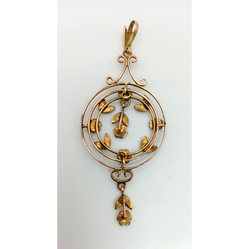 502 - 9K YELLOW GOLD VICTORIAN SEED PEARL & TURQUISE DROP PENDANT. WEIGHS 3.4G