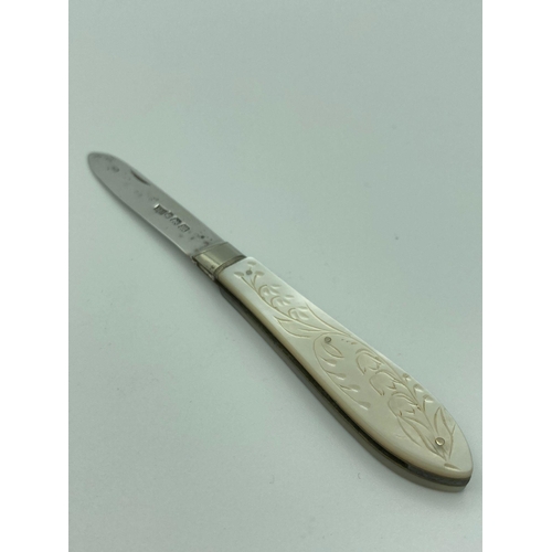 553 - Antique SILVER FRUIT KNIFE With beautifully patterned mother of pearl handle having clear Hallmark f... 