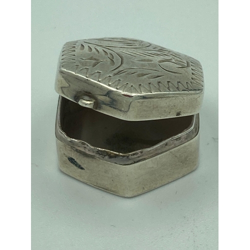 560 - Vintage SILVER PILL BOX in small hexagonal form having engraved  floral design to lid.  Excellent co... 