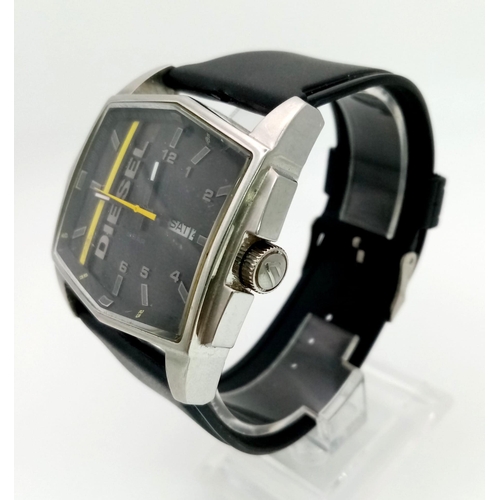 982 - A Diesel Hexagonal Cased Quarts Gents Watch. Black leather strap. Case - 47mm. Black dial with Diese... 