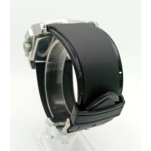 982 - A Diesel Hexagonal Cased Quarts Gents Watch. Black leather strap. Case - 47mm. Black dial with Diese... 