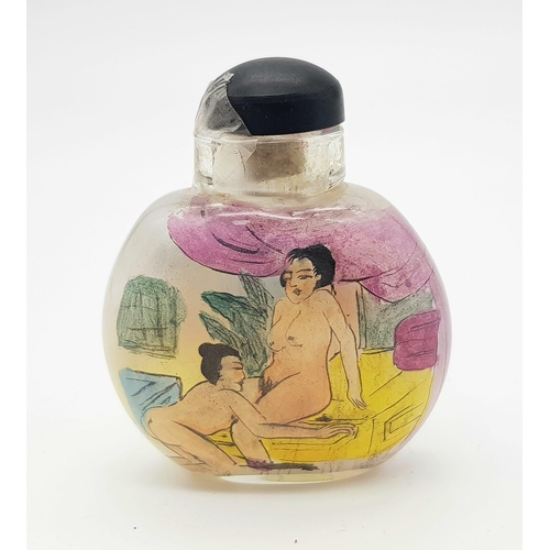 1378 - A 19th century Chinese crystal glass snuff bottle with inside painted erotic pictures to front and b... 