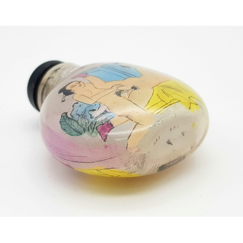 1378 - A 19th century Chinese crystal glass snuff bottle with inside painted erotic pictures to front and b... 