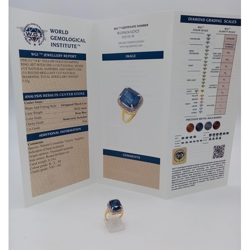 857 - 10.22ct Cambodian Blue Sapphire and Diamond 14K Gold Ring with WGI London Certification. 5.52g total... 