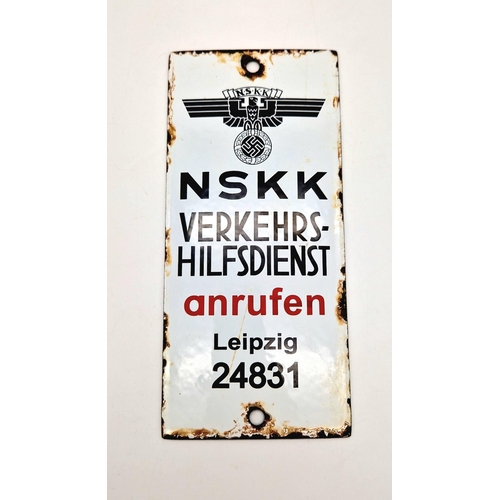 327 - 3rd Reich N.S.K.K Enamel Sign “For traffic assistance call Leipzig 24831”.