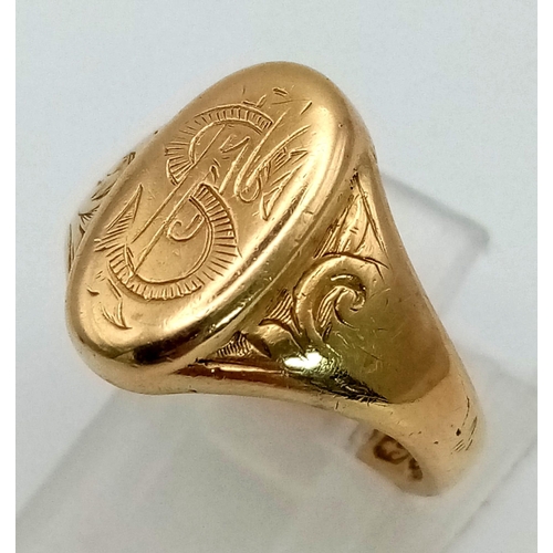 115 - 18K YELLOW GOLD, EDWARDIAN SIGNET RING. HALLMARKED BIRMINGHAM 1901. ENGRAVED. WEIGHS 6.4G.  SIZE L