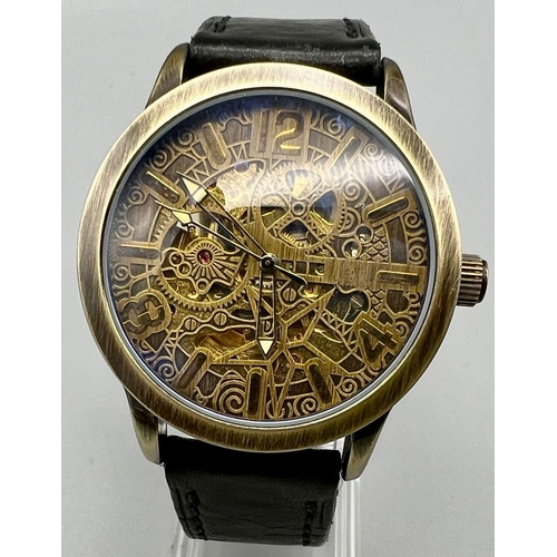 1398 - A Shenhua Skeleton Automatic Gents Watch. Black leather strap. Two tone case - 42mm. Skeleton dial. ... 