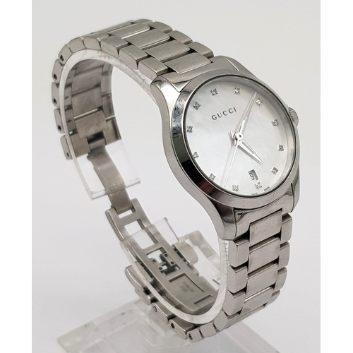 143 - GUCCI STEEL BRACELET WATCH 126.5 16282052 MOTHER OF PEARL DIAL WITH DIAMONDS FULL WORKING ORDER