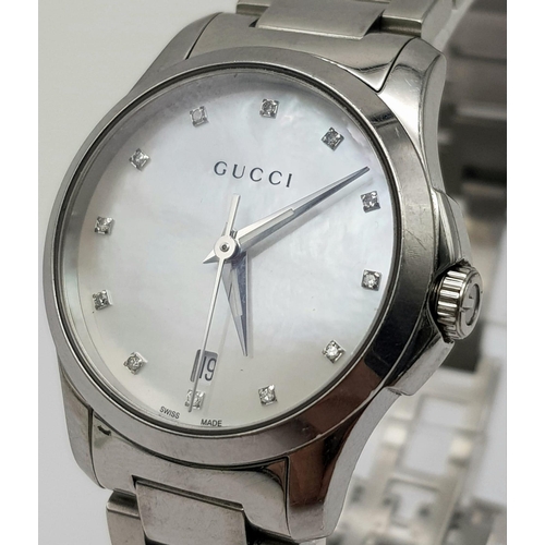 143 - GUCCI STEEL BRACELET WATCH 126.5 16282052 MOTHER OF PEARL DIAL WITH DIAMONDS FULL WORKING ORDER