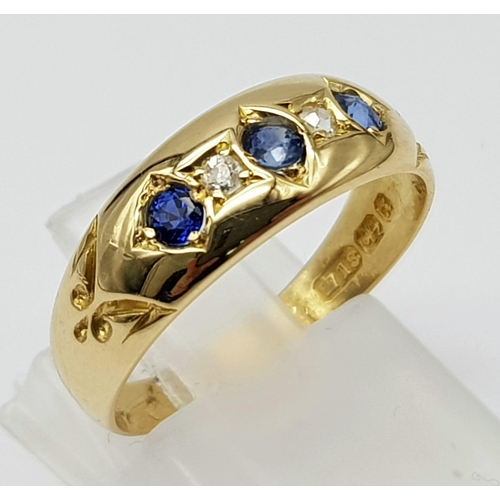 185 - 18K YELLOW GOLD ANTIQUE DIAMOND & SAPPHIRE RING. HALLMARKED BIRMINGHAM 1897. WEIGHS 3G. SIZE L