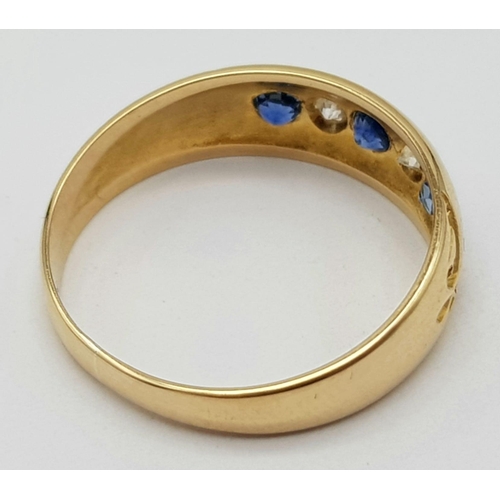 185 - 18K YELLOW GOLD ANTIQUE DIAMOND & SAPPHIRE RING. HALLMARKED BIRMINGHAM 1897. WEIGHS 3G. SIZE L