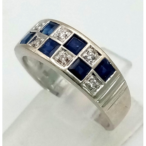 201 - 14K WHITE GOLD DIAMOND & SAPPHIRE 2 ROW BAND RING. WEIGHS 4.4G. SIZE M/N