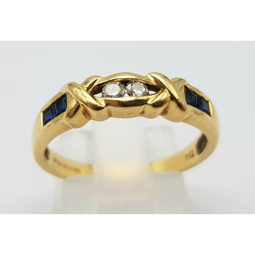 208 - 18K YELLOW GOLD DIAMOND & SAPPHIRE RING. WEIGHS  3.2G. SIZE O