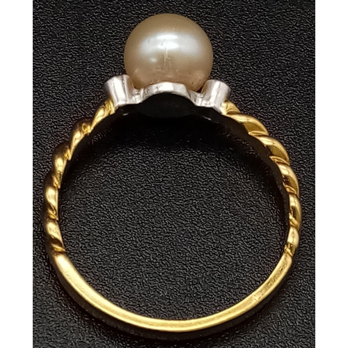 310 - 18K YELLOW GOLD DIAMOND & PEARL SET RING. TOTAL WEIGHT 2.6G. SIZE N