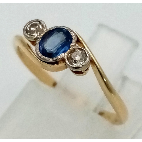 436 - 18K YELLOW GOLD VINTAGE DIAMOND & SAPPHIRE,  3 STONE RING, GORGEOUS OVAL SAPPHIRE. WEIGHS 1.7G.  SIZ... 