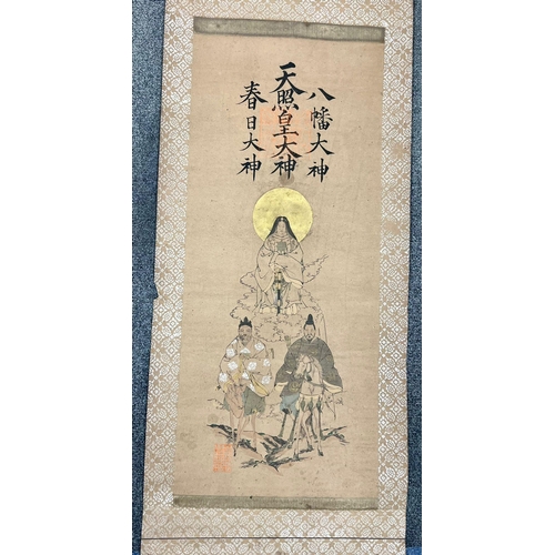 515 - AN ANTIQUE BUDDHIST PAINTING ON A SCROLL . 92 X 38cms(actual painting) CIRCA 1680    a/f