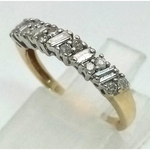 692 - 9K YELLOW GOLD MIXED CUT DIAMOND BAND RING.  0.25CT DIAMOND. WEIGHS 1.5G.  SIZE J