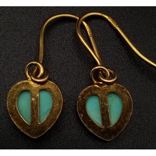 706 - 9K YELLOW GOLD TURQUISE HEART DROP EARRINGS. WEIGHS 1.7G