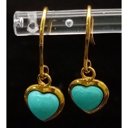 706 - 9K YELLOW GOLD TURQUISE HEART DROP EARRINGS. WEIGHS 1.7G