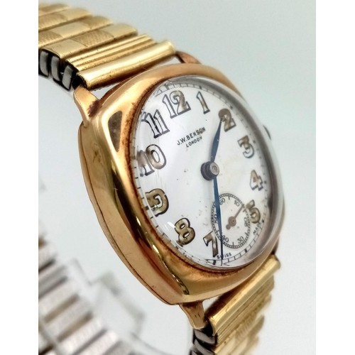 232 - A Very Good Condition 9k Gold Case J W Benson Gentleman’s Watch with Enamelled Dial, Sub Dial, Manua... 