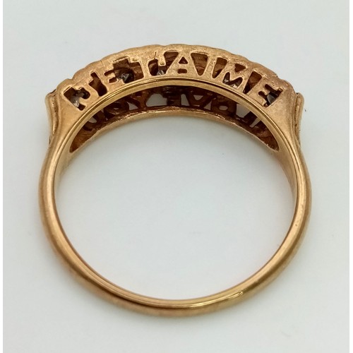 269 - A 9K yellow gold ring with five fabulous brilliant diamonds (0.70 carats) and the inscriptions I LOV... 