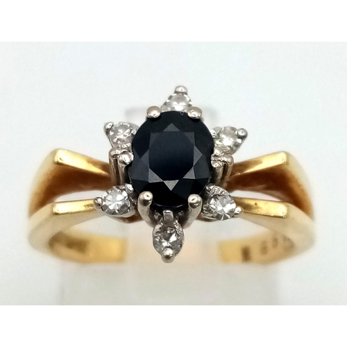 222 - 18K YELLOW GOLD VINTAGE DIAMOND & SAPPHIRE CLUSTER RING. WEIGHS 4.4G. SIZE J