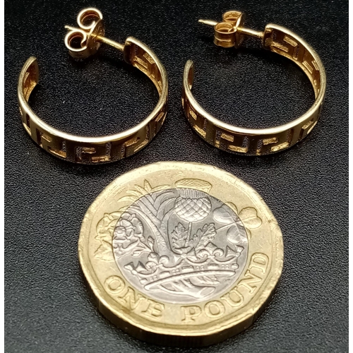 816 - 14K YELLOW GOLD AZTEC HOOP EARRINGS. TOTAL WEIGHT  3.4G