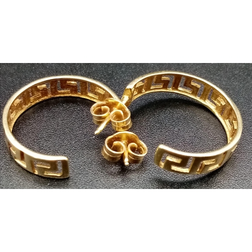 816 - 14K YELLOW GOLD AZTEC HOOP EARRINGS. TOTAL WEIGHT  3.4G