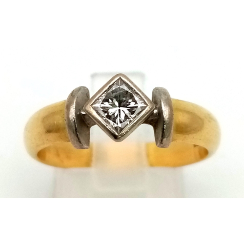 90 - 18K YELLOW GOLD DIAMOND SOLITAIRE RING PRINCESS CUT. 0.30CT DIAMOND. WEIGHS 5.9G. SIZE Q