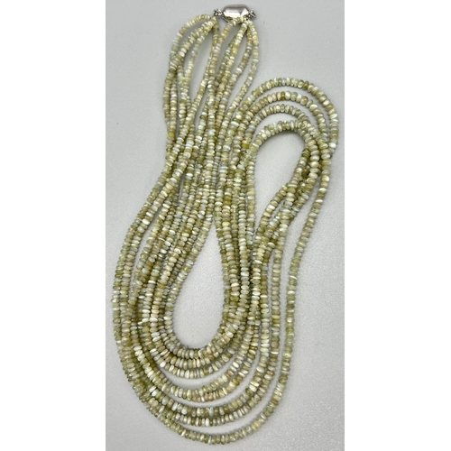 904 - PALE GREEN GARNET 5 ROW NECKLACE. TOTAL WEIGHT  63.7G