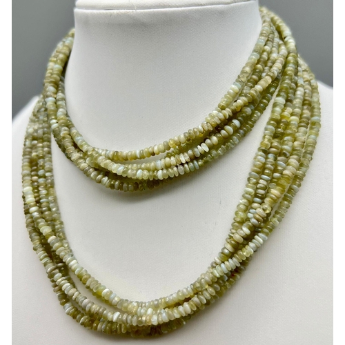 904 - PALE GREEN GARNET 5 ROW NECKLACE. TOTAL WEIGHT  63.7G