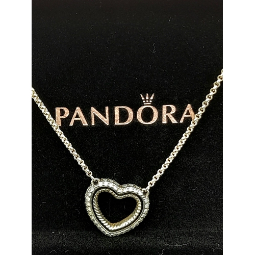 969 - PANDORA STERLING SILVER HEART NECKLACE WITH 2 LENGTH SETTINGS. COMES WITH BOX. WEIGHS 5.6G.