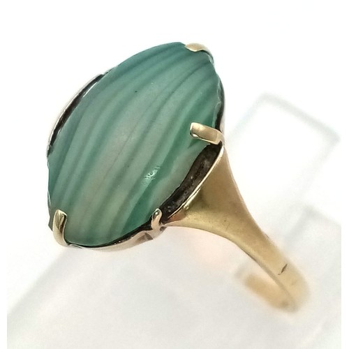 702 - A Scarce Vintage 9 Carat Yellow Gold ‘Natural Dyed Agate’ Cabochon Ring Size N. The Stone Measures 1... 