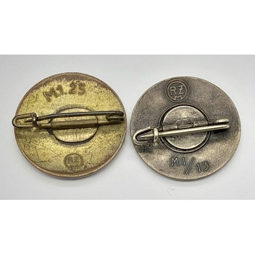 954 - Two Good Condition Original National Nazi Socialist Party Badges, Marked on the reverse RZM M1/13 an... 