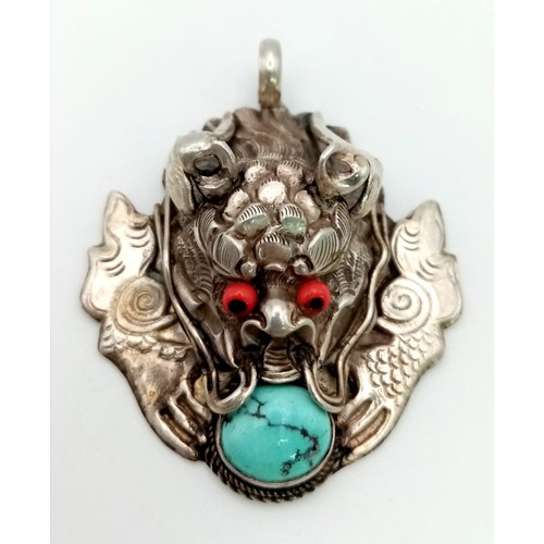 1257 - A Very Rare Vintage or Antique Silver Dragon Pendant Set with a Turquoise Cabochon, Measuring 4.5 x ... 