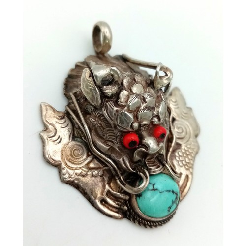 1257 - A Very Rare Vintage or Antique Silver Dragon Pendant Set with a Turquoise Cabochon, Measuring 4.5 x ... 