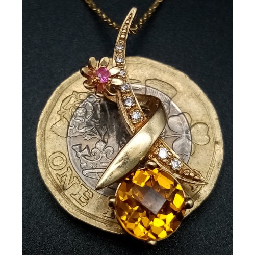 296 - 14K YELLOW GOLD DIAMOND & CITRINE DROP PENDANT ON A CHAIN 4.6G