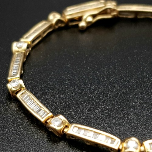 108 - 18K YELLOW GOLD DIAMOND BRACELET, 1.50CT DIAMOND APPROX. WEIGHS 4.4G. ONE SMALL DIAMOND MISSING HARD... 