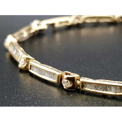 108 - 18K YELLOW GOLD DIAMOND BRACELET, 1.50CT DIAMOND APPROX. WEIGHS 4.4G. ONE SMALL DIAMOND MISSING HARD... 