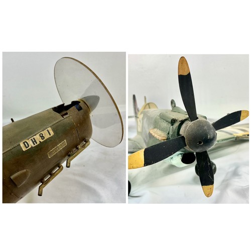 1174 - Two Vintage Large Spitfire Fighter Plane Models. 100 and 96cm. Both have ceiling hanging attachments... 