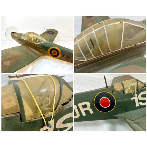 1174 - Two Vintage Large Spitfire Fighter Plane Models. 100 and 96cm. Both have ceiling hanging attachments... 