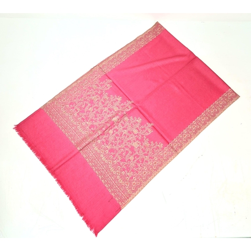 994 - A Soft luxurious Pasmina hand-feel blended wool Fuscia Pink jacquard scarf - with a woven gold/silve... 