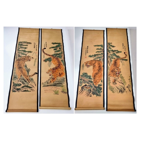 1001 - A Set of Four Chinese Hanging Scrolls with Tiger Artwork Decoration. 125 x 30cm each.