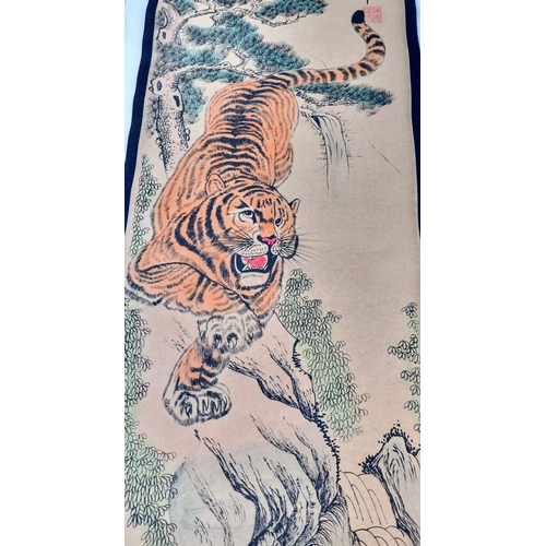 1001 - A Set of Four Chinese Hanging Scrolls with Tiger Artwork Decoration. 125 x 30cm each.