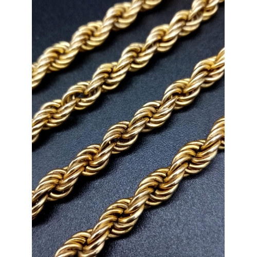 147 - A 9K yellow gold, long, rope chain necklace, presented in a velvet pouch. Length: 80 cm, weight: 21g... 