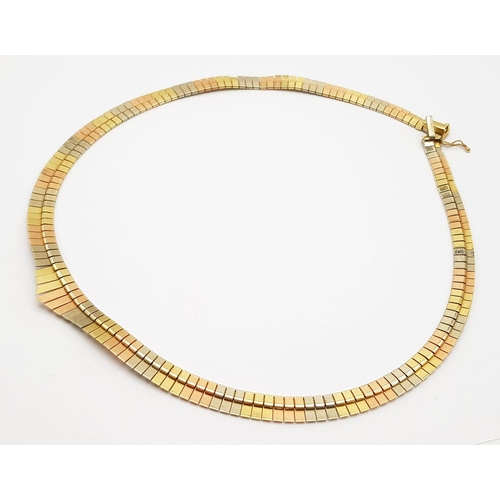 9 - A Gorgeous Vintage Italian 14k Three-Colour Gold Choker Necklace. White, rose and yellow gold flat l... 