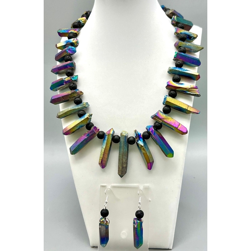 174 - A very unusual necklace and earrings set consisting of large natural quartz crystals covered with Ti... 