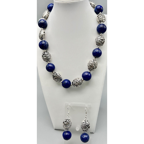 1352 - An Ethnic, Indian silver and large beaded (18 mm) lapis lazuli necklace and earrings set. Necklace l... 