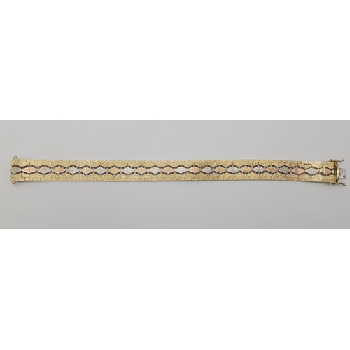 60 - A Lovely Vintage 9K Three-Gold Colour Bracelet. Yellow gold with a geometric diamond pattern rose an... 